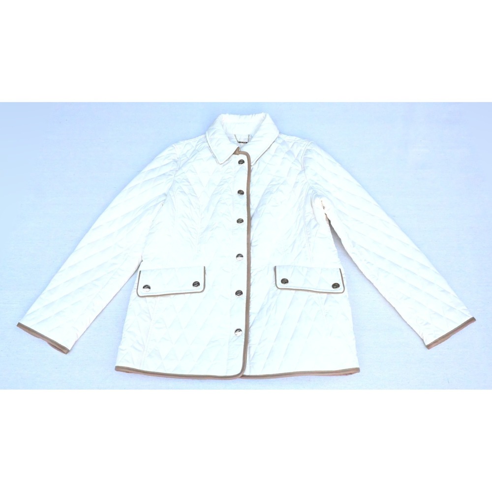 Chicos Womens 1 US M White Diamond Quilted Jacket Tan Piping Gold Buttons Lined